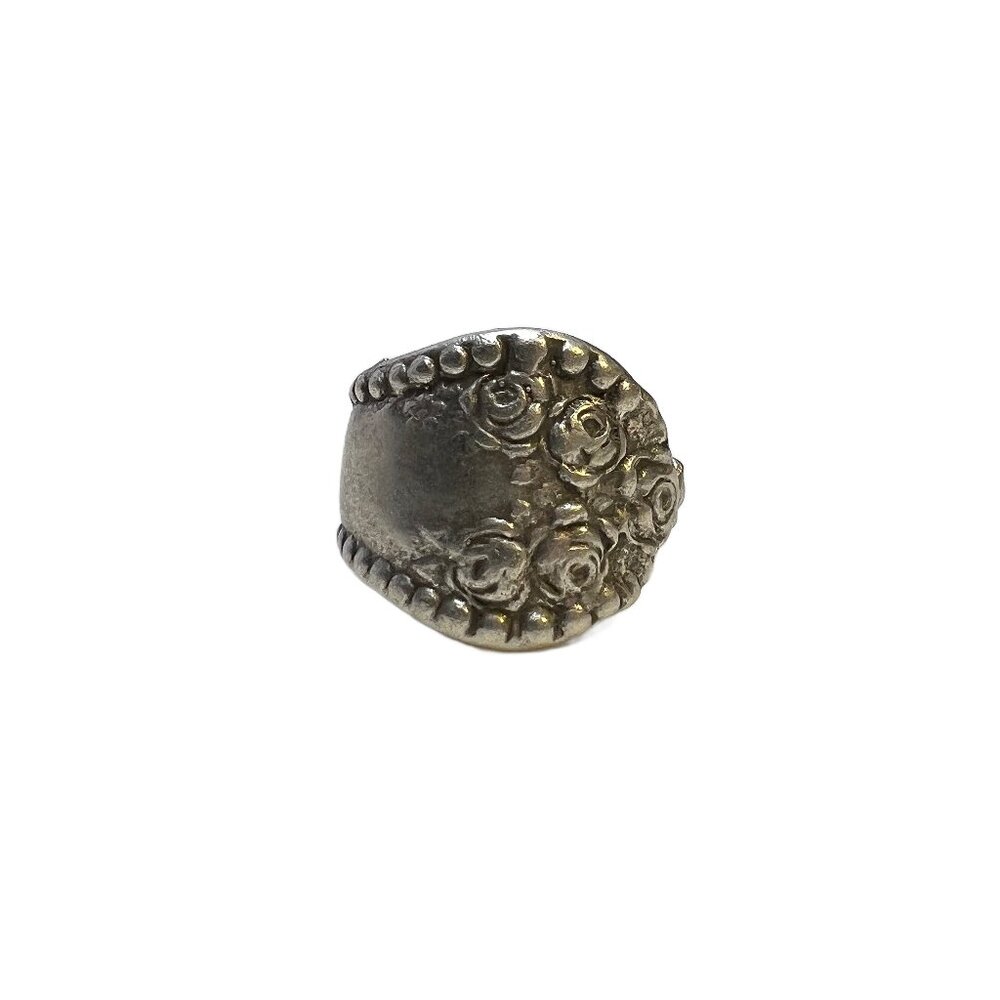 Floral Rose Vintage Spoon Style Ring Adjustable Antique Silver Tone